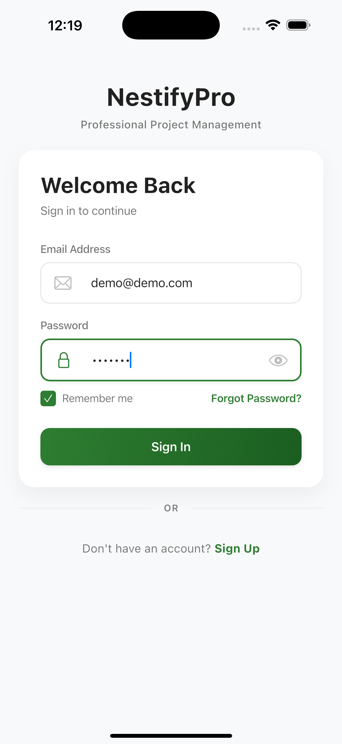 NestifyPro Login Screen